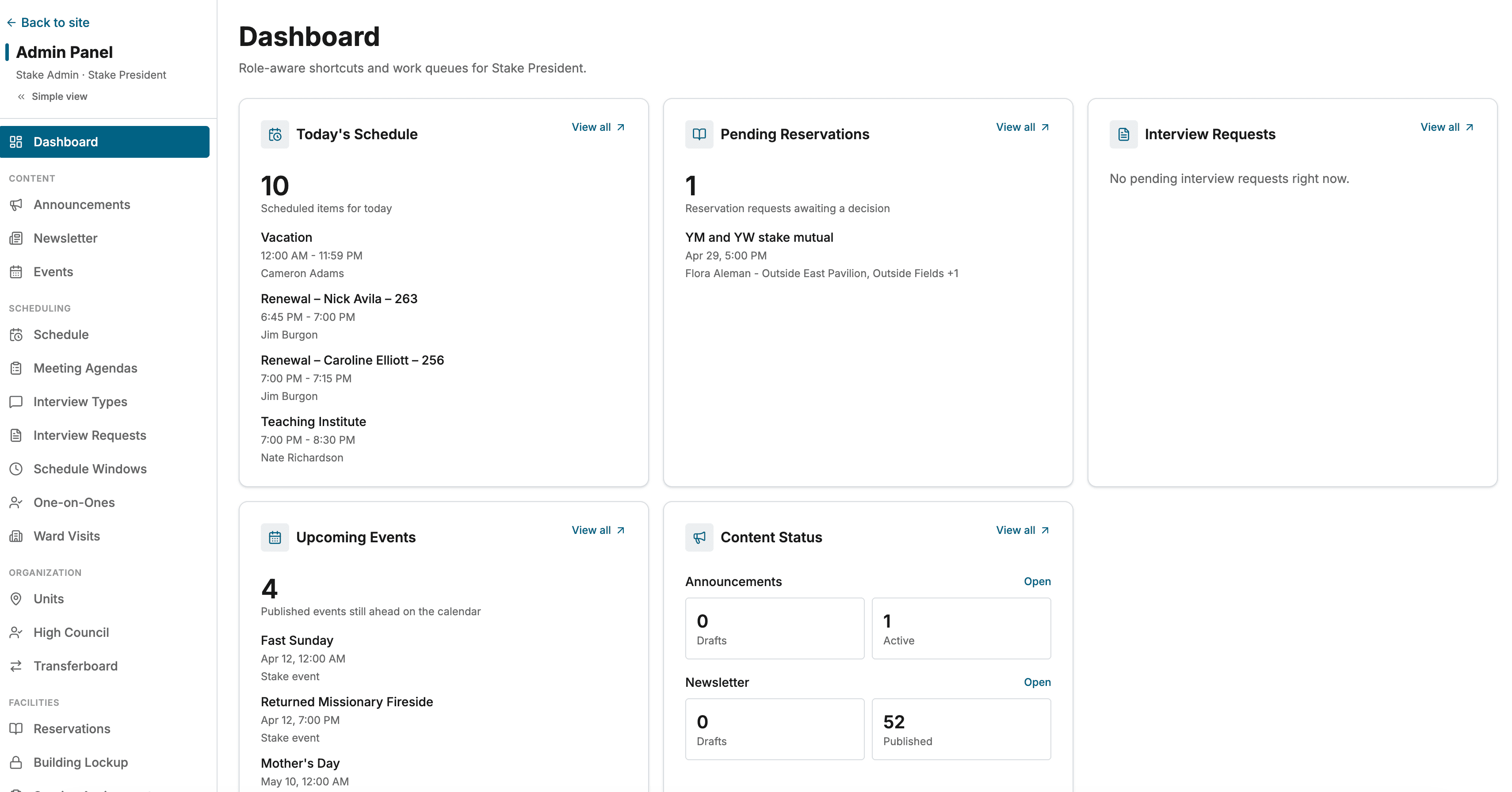 Admin dashboard with role-aware widgets and pending work