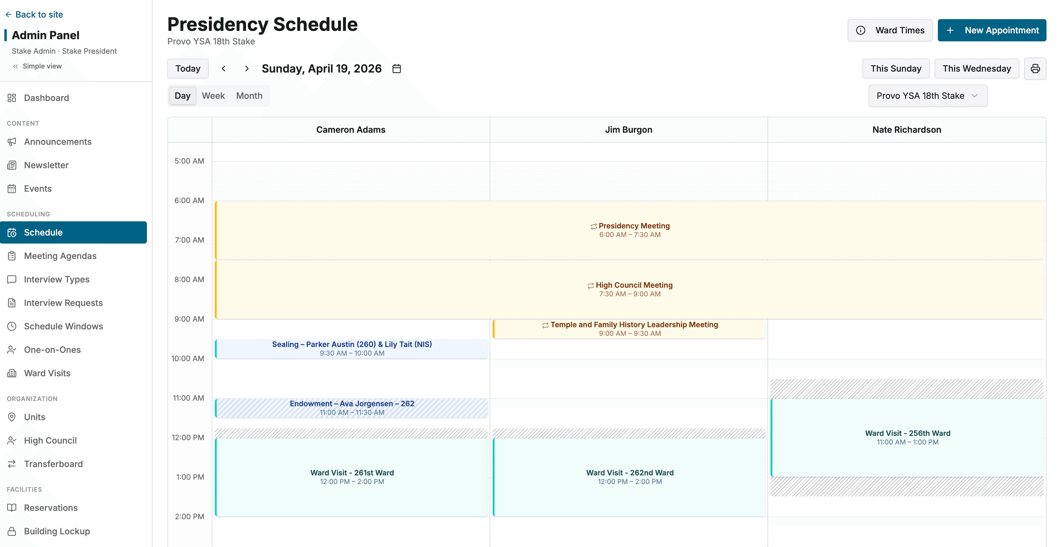 Presidency schedule with appointment blocks by leader