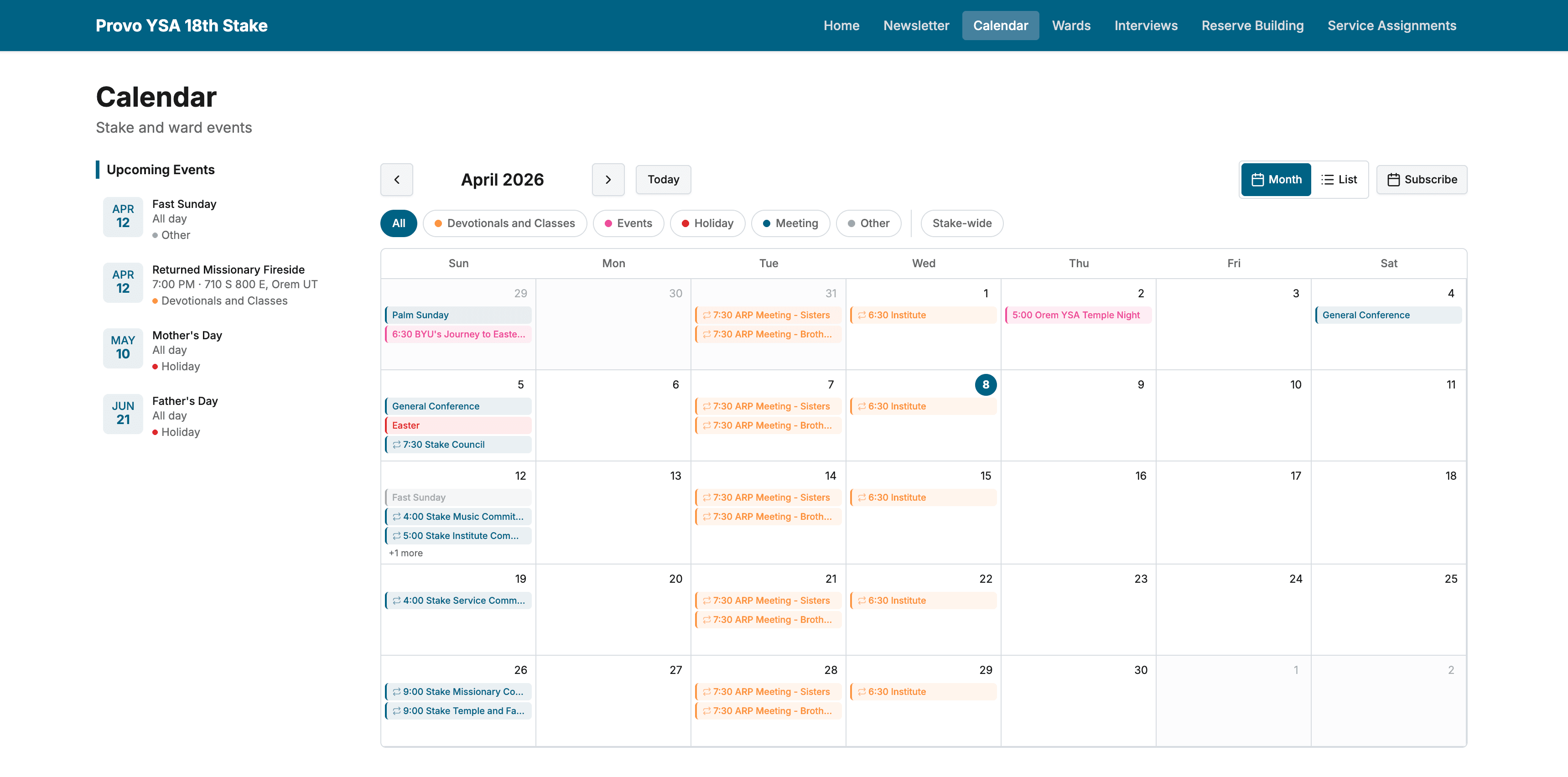 Public calendar with filters and upcoming events
