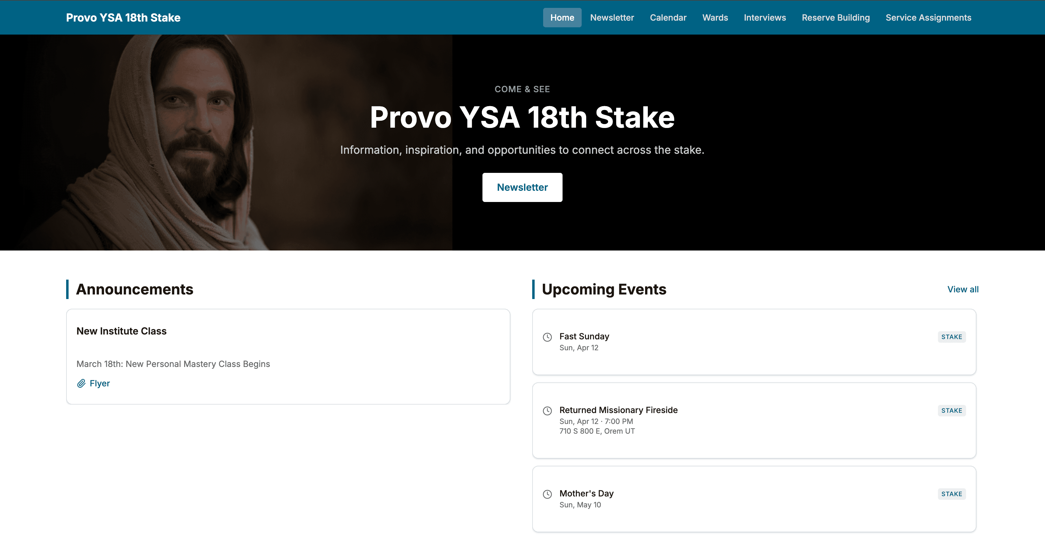 Stake homepage with announcements and upcoming events