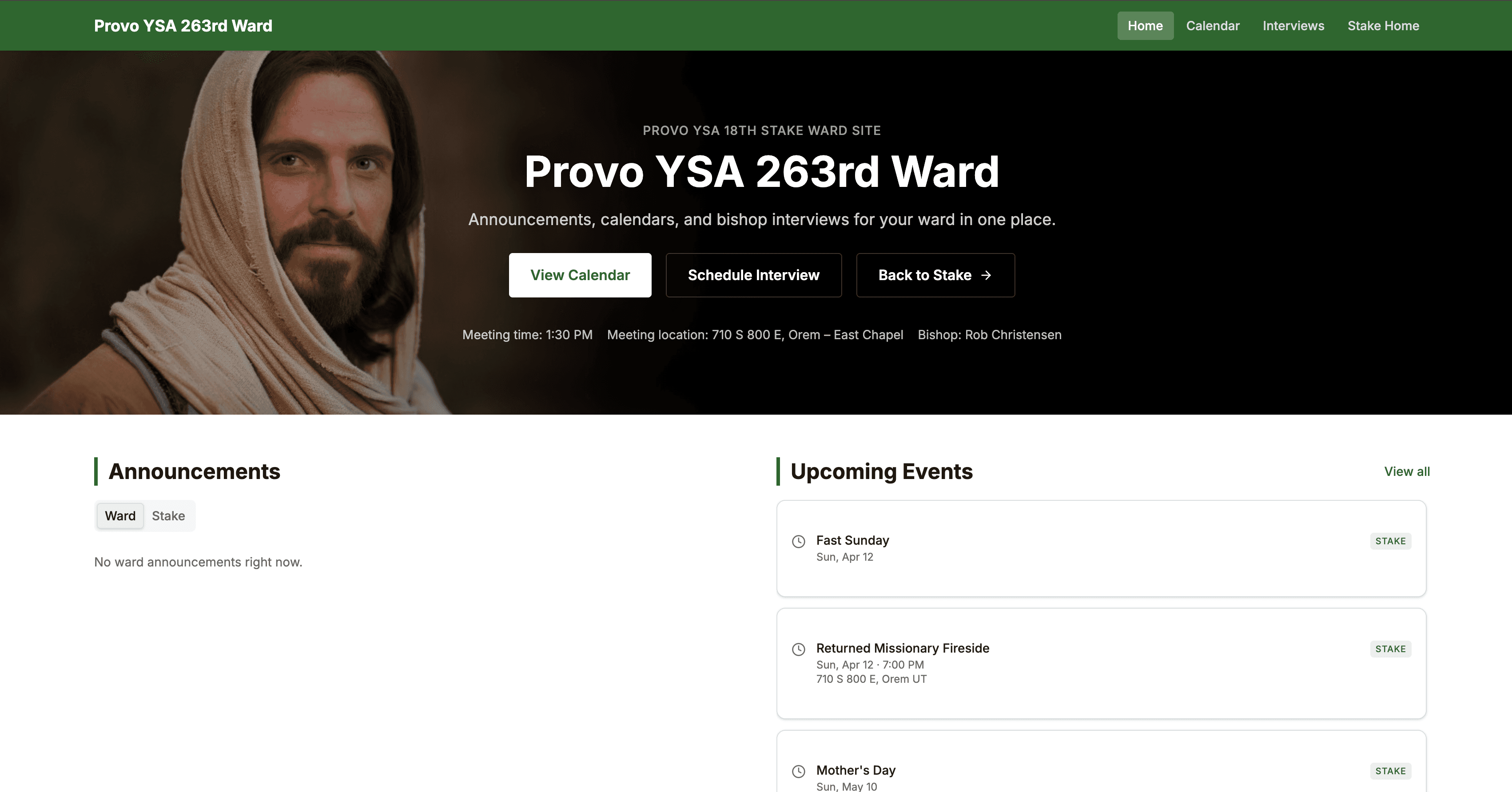 Ward homepage with ward and stake announcement tabs